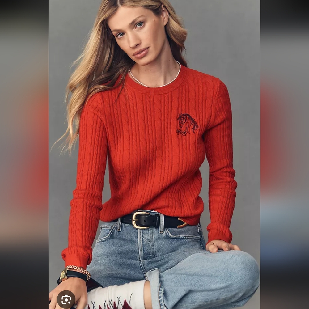 NWT Anthropologie Maeve Crew-Neck Fitted Cable-Knit Sweater In Red ♥️ Size L🌙